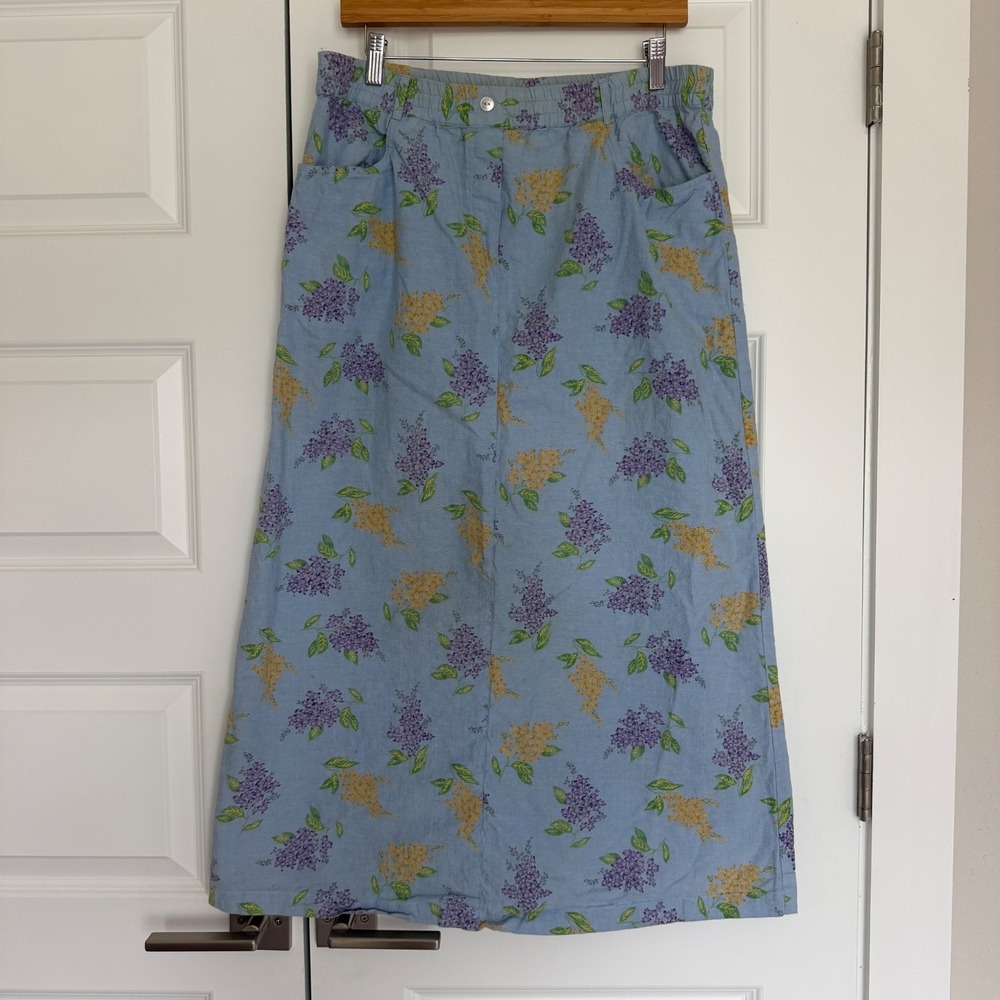 Vintage Bechamel Womens Floral Maxi Skirt Cotton Cottagecore Blue Small Pockets